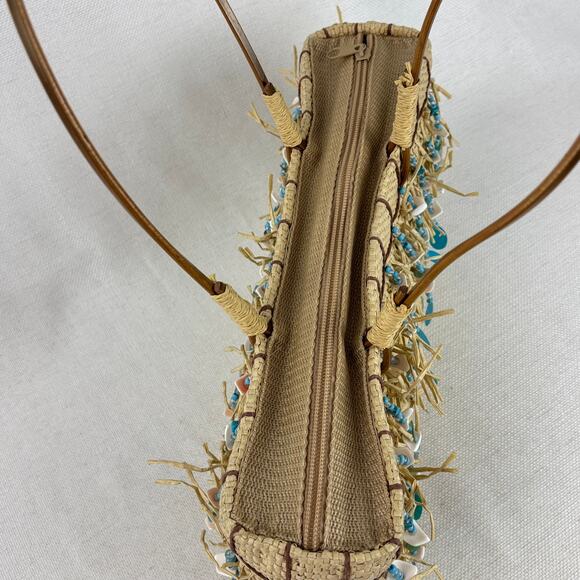 Magid Woven Straw Beaded Fringe Tassel Shoulder Bag Beach Vacation Coastal Boho - Picture 5 of 10